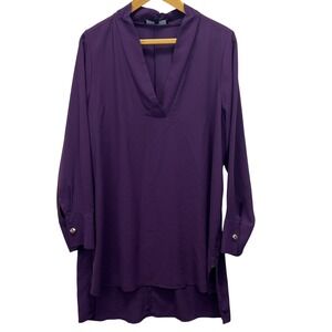 ELOQUII Purple V Neck Long Sleeve Tunic Shirt Top Size 14 Semi Sheer Hi Low Hem